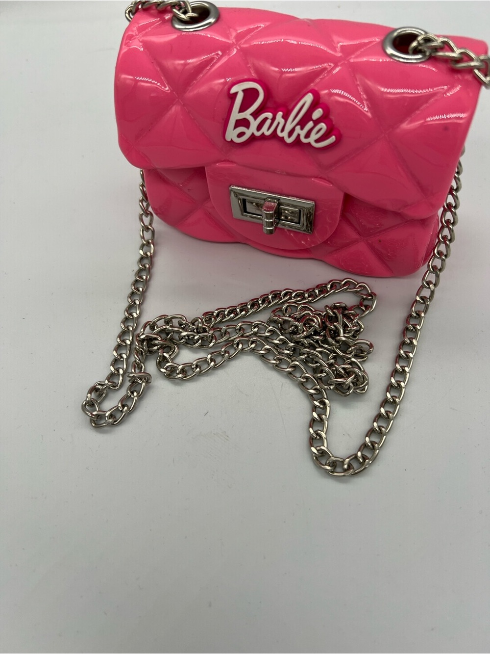 Barbie Glossy Quilted Hot Pink Mini Shoulder Bag with Silver Chain - Picture 5 of 6